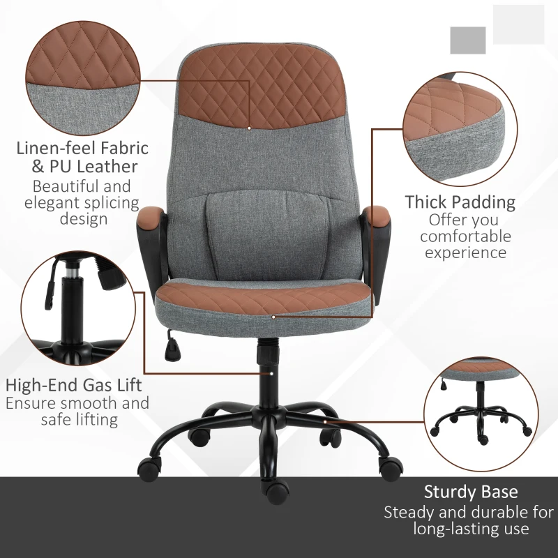 Vinsetto High Back Office Chair with 2-Point Lumbar Massage, USB Power, Faux Leather, and Linen Fabric, Brown/Grey