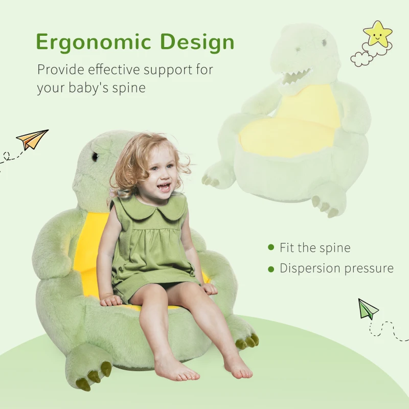 Qaba Animal Kids Character Chair Cartoon Sofa Armrest Chair Cute Dinosaur Stuffed Flannel PP Cotton 22" x 19" x 22" Green