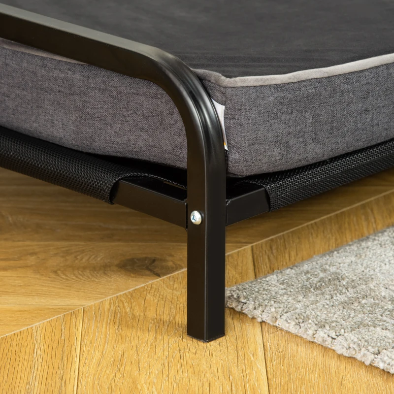 PawHut 2-IN-1 Elevated Pet Bed for Large & Medium-Sized Dog Steel Frame Removable Sponge Cushion Breathable Linen Fabric, Grey, 43.25"x25.5"x7.75"