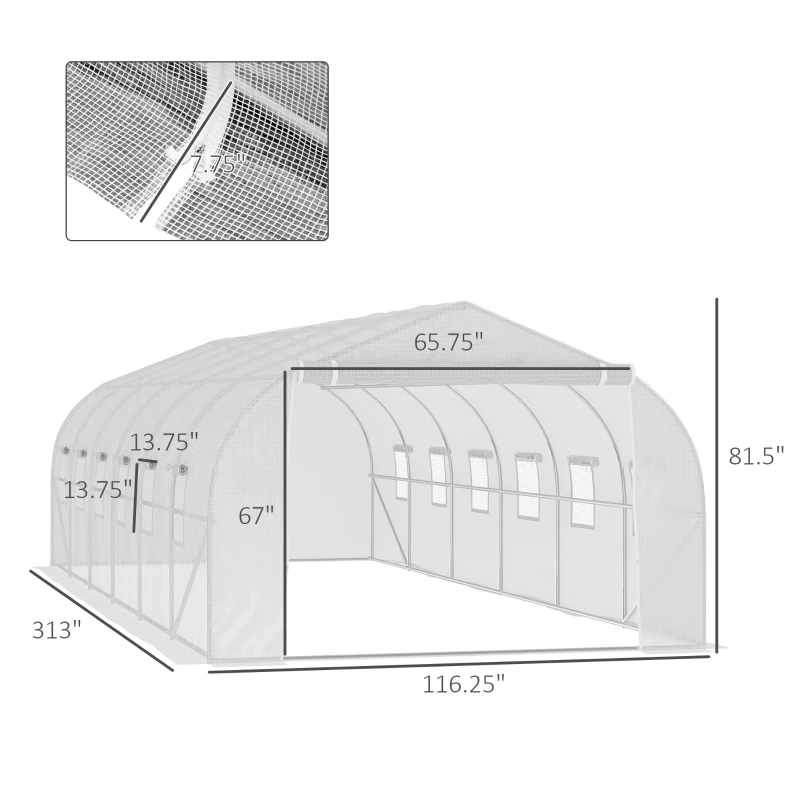 Outsunny 26' x 10' x 7' Walk-In Greenhouse Tunnel, Large Gardening Plant Hot House with 12 Windows and Zipper Doors for Backyard, White