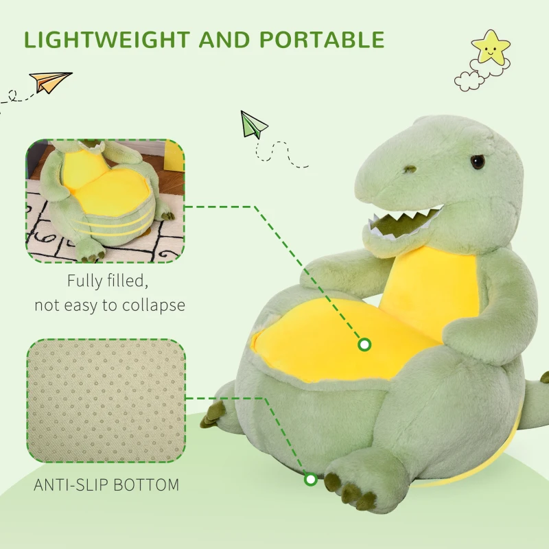 Qaba Animal Kids Character Chair Cartoon Sofa Armrest Chair Cute Dinosaur Stuffed Flannel PP Cotton 22" x 19" x 22" Green