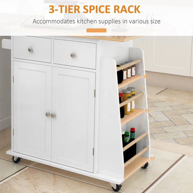 HOMCOM Rolling Kitchen Island Storage Trolley Cart with 3-Tier Spice Rack & Rubber Wood Top for Dining Room