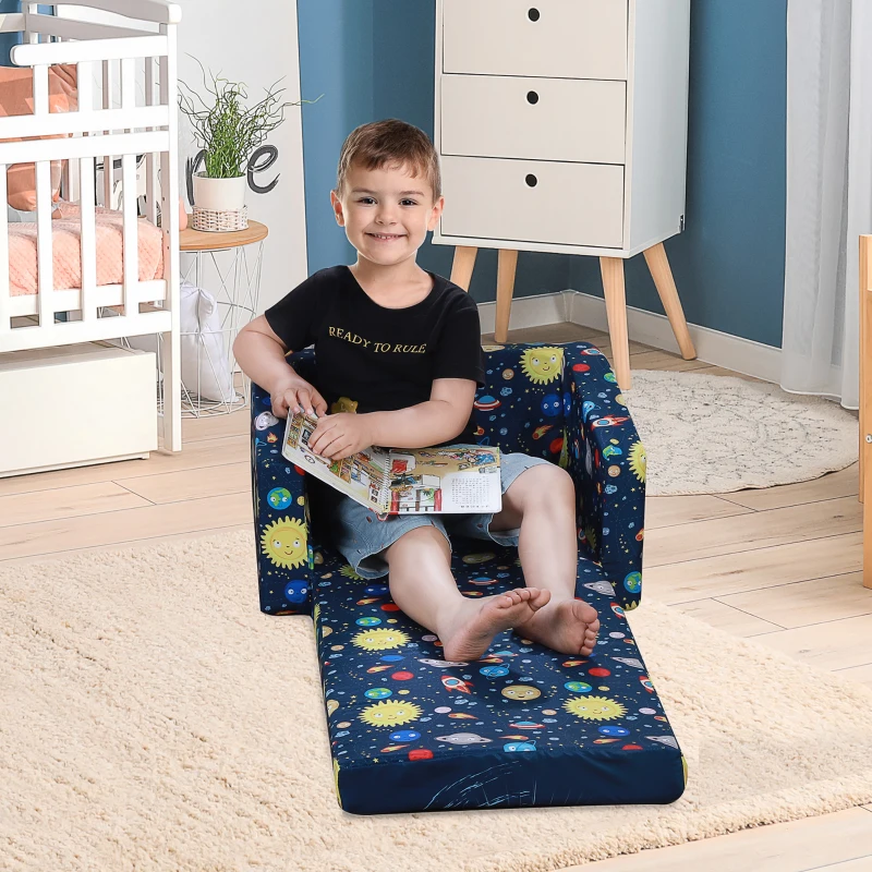 Qaba Kids Fold-Out Couch/Chair Lounger with Space-Themed Washable Fabric & Removable Cushion for 3-6 Years Old, Blue