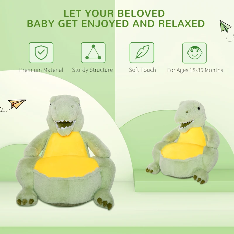 Qaba Animal Kids Character Chair Cartoon Sofa Armrest Chair Cute Dinosaur Stuffed Flannel PP Cotton 22" x 19" x 22" Green