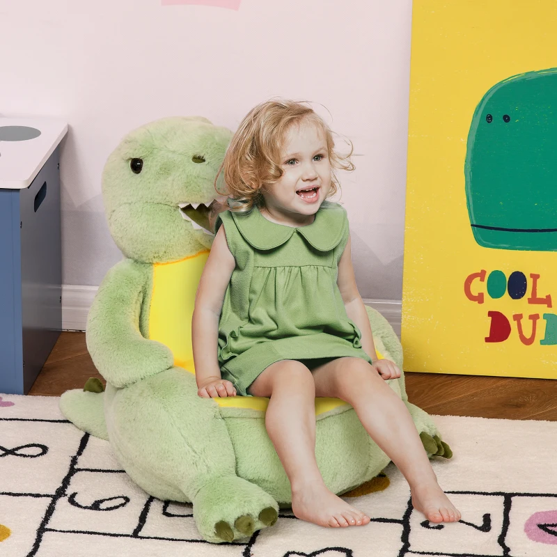 Qaba Animal Kids Character Chair Cartoon Sofa Armrest Chair Cute Dinosaur Stuffed Flannel PP Cotton 22" x 19" x 22" Green