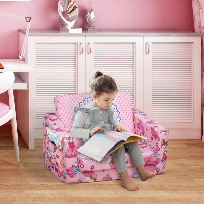 Qaba Kids Fold-Out Couch/Chair Lounger with Space-Themed Washable Fabric & Removable Cushion for 3-6 Years Old, Pink