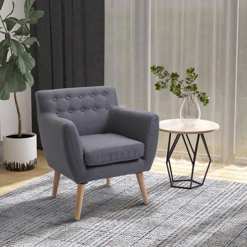 HOMCOM Mid-Century Modern Accent Arm Chair Linen Upholstery Tufted Seat with Wood Frame Thick Padded Light Grey