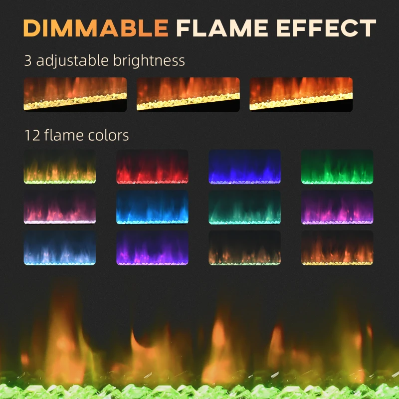 HOMCOM 40" 1500W Recessed and Wall Mounted Electric Fireplace Inserts with Remote, Adjustable Flame Color and Brightness, Cryolite-Effect Rocks, Black