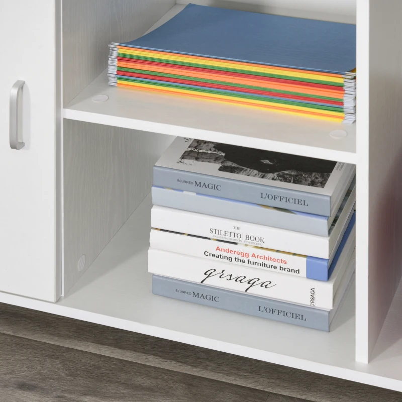 HOMCOM Wood Rolling File Cabinet Storage Organizer with 3 Large Open Shelves and Door Cabinet Door for Easy Storage and Mobility, White