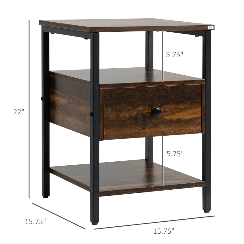 HOMCOM Industrial Nightstand, Bedside Table with Drawer and Storage Shelves, Side End Table with Steel Frame for Bedroom, Rustic Brown