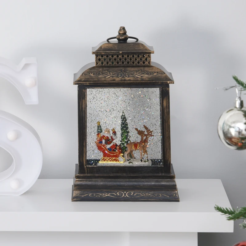 HOMCOM Christmas Snow Globe WaterLantern Music Box with Light, Ring Handle Holiday Home Novelty Decorations, Santa Bring Gift with Reindeer