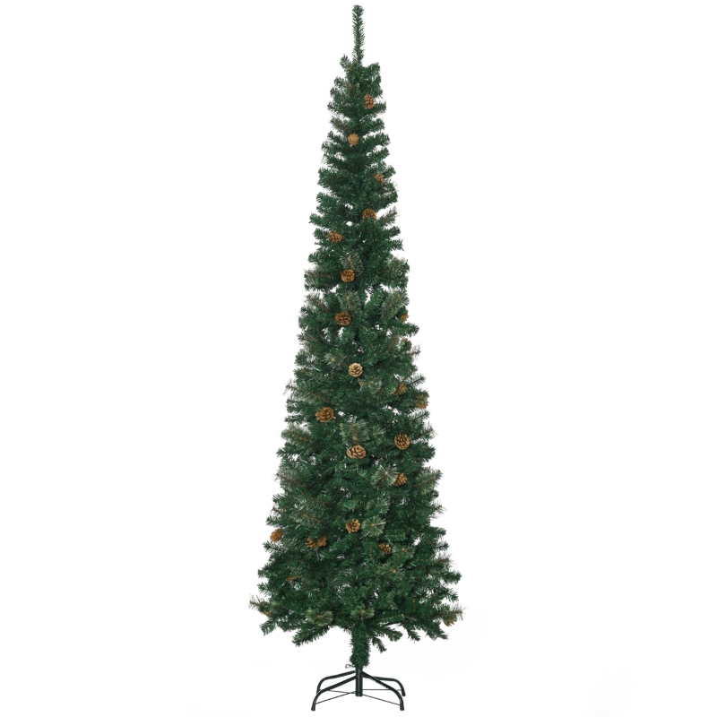 HOMCOM 7.5ft Pencil Artificial Christmas Tree, Slim Pine Needles Xmas Tree with 706 Realistic Branches, 33 Pine Cones, Metal Base, Green
