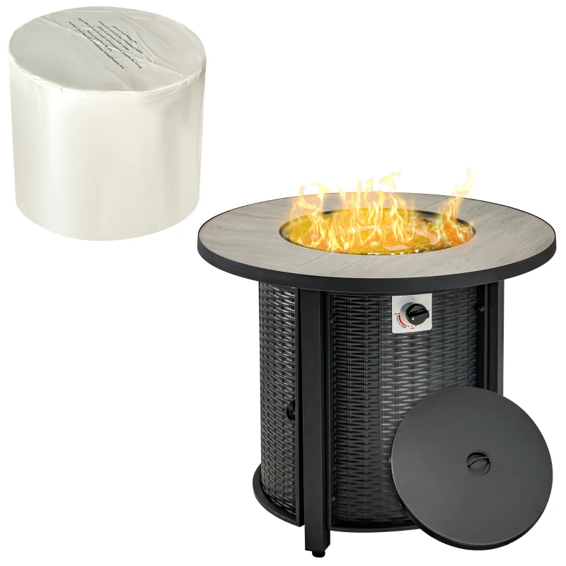 Outsunny 30 Inch Propane Fire Pit Table, 40,000BTU Round Gas Firepit with Protective Cover, Lid and Lava Rocks, CSA Certification for Outdoor, Patio, Black