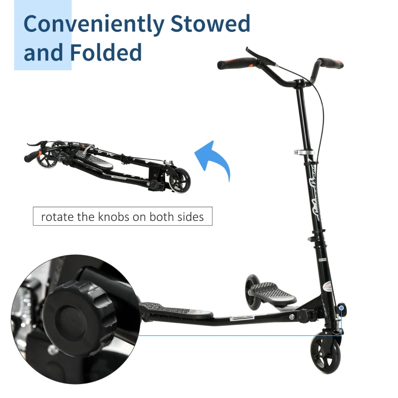 Qaba Kids/Adult Drifting Scooter 3 Wheels Scooter Foldable Child Tri Speeder Slider Swing Drifter Winged Push Motion Kickboard Height Adjustable for Age 6+ Black