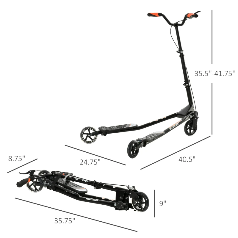 Qaba Kids/Adult Drifting Scooter 3 Wheels Scooter Foldable Child Tri Speeder Slider Swing Drifter Winged Push Motion Kickboard Height Adjustable for Age 6+ Black