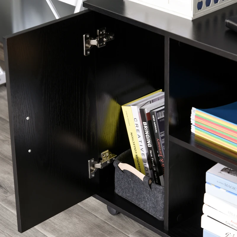 HOMCOM Wood Rolling File Cabinet Storage Organizer with 3 Large Open Shelves and Door Cabinet Door for Easy Storage and Mobility, Black