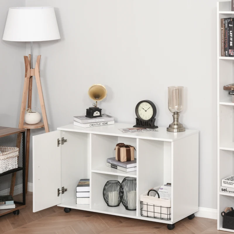 HOMCOM Wood Rolling File Cabinet Storage Organizer with 3 Large Open Shelves and Door Cabinet Door for Easy Storage and Mobility, White