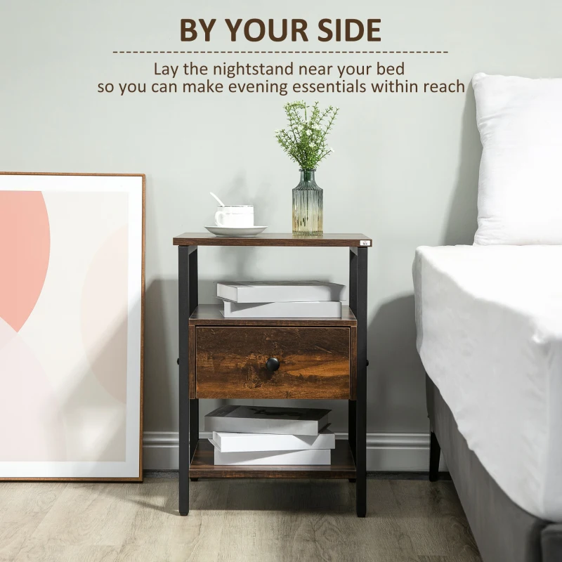 HOMCOM Industrial Nightstand, Bedside Table with Drawer and Storage Shelves, Side End Table with Steel Frame for Bedroom, Rustic Brown