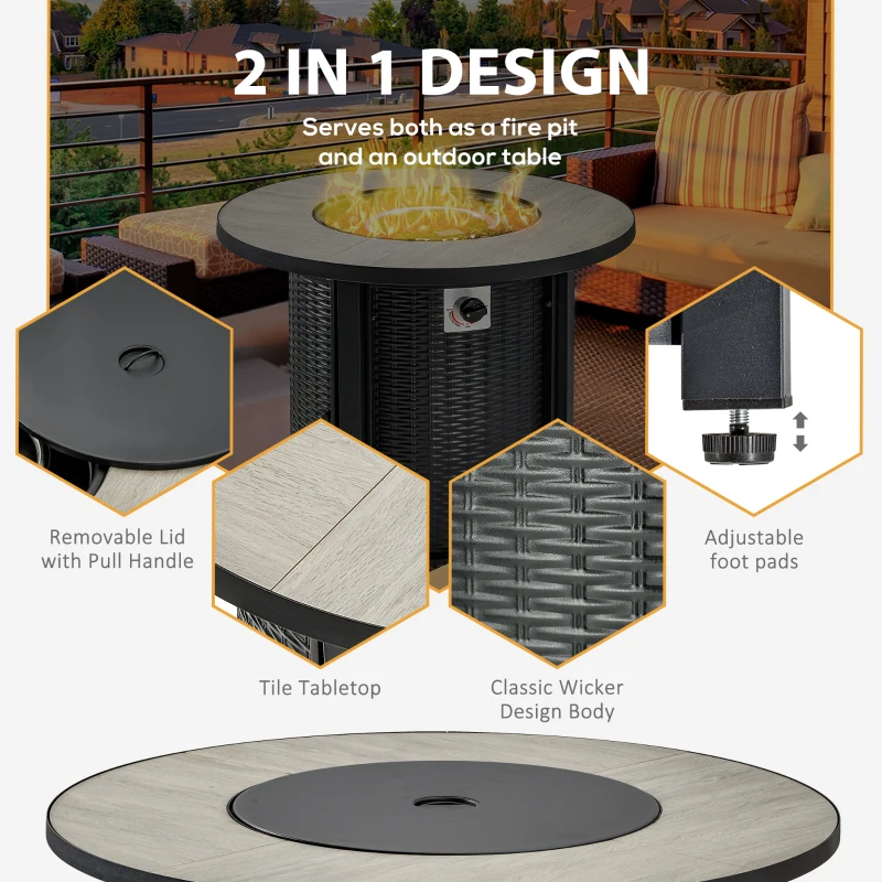 Outsunny 30 Inch Propane Fire Pit Table, 40,000BTU Round Gas Firepit with Protective Cover, Lid and Lava Rocks, CSA Certification for Outdoor, Patio, Black