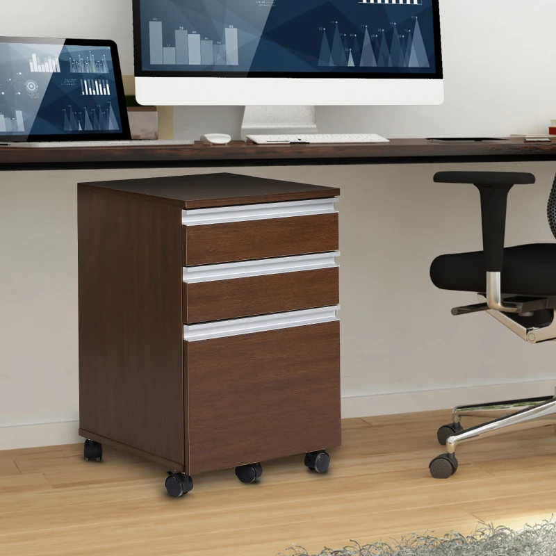 HOMCOM 23.25" 3-Drawer Office Storage Cabinet with Wheels, Brown