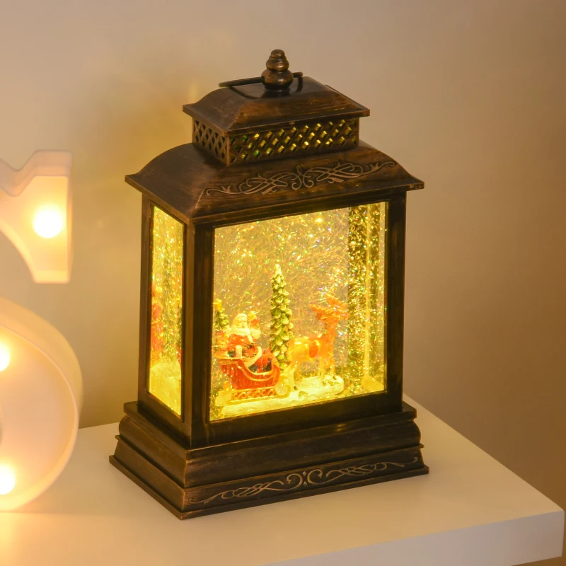 HOMCOM Christmas Snow Globe WaterLantern Music Box with Light, Ring Handle Holiday Home Novelty Decorations, Santa Bring Gift with Reindeer