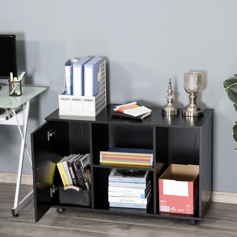 HOMCOM Wood Rolling File Cabinet Storage Organizer with 3 Large Open Shelves and Door Cabinet Door for Easy Storage and Mobility, Black