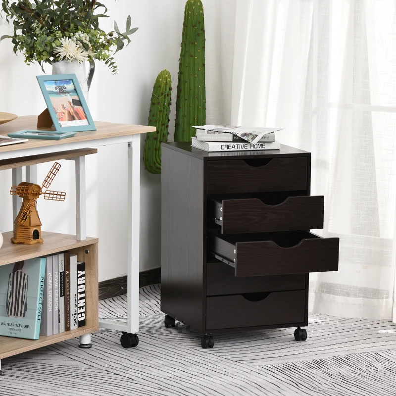 HOMCOM 5 Drawer File Cabinet Storage Organizer Filing Cabinet with Nordic Minimalist Modern Style & Wheels, Brown