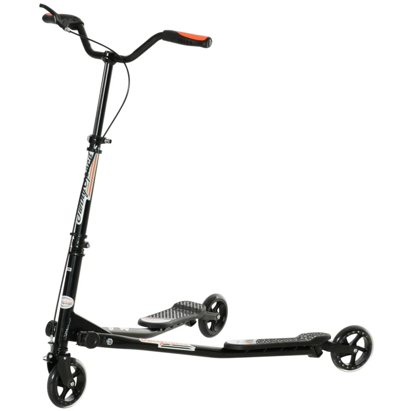 Qaba Kids/Adult Drifting Scooter 3 Wheels Scooter Foldable Child Tri Speeder Slider Swing Drifter Winged Push Motion Kickboard Height Adjustable for Age 6+ Black