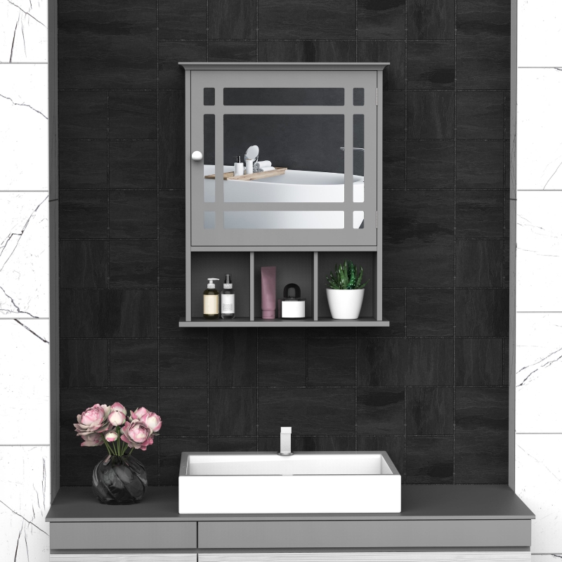 kleankin Bathroom Cabinet Wall Mount with Mirror Door 3 Shelf Organizer for Bathroom, Kitchen, Bedroom, Grey