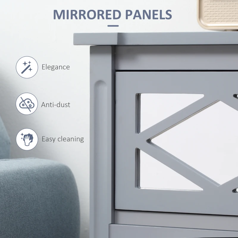 HOMCOM 3 Drawers Dresser with Mirror Panels, Chest of Drawers for Bedroom, Storage Cabinet for Bathroom Living Room, Entryway, Grey