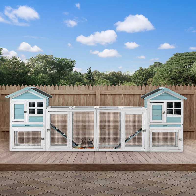 PawHut 102" 2 in 1 Wooden Rabbit Hutch Double Main House Pet Playpen Large Bunny House Enclosure for Indoor Outdoor with Run Box, Slide-out Tray, Ramp, for Rabbits and Small Animals, Blue