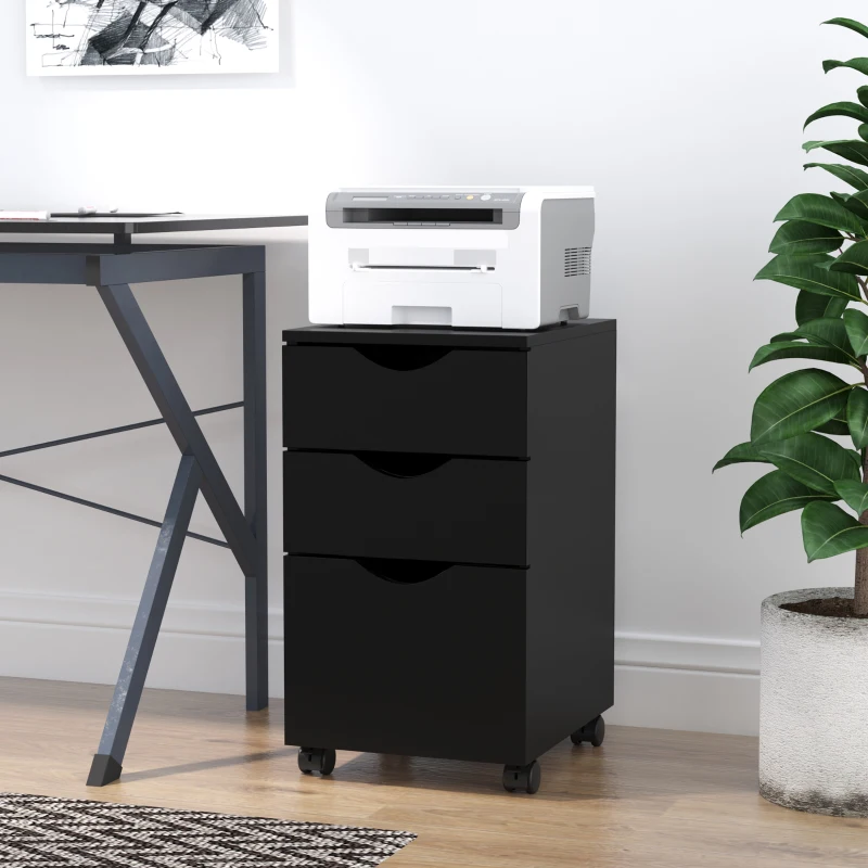 HOMCOM 3 Drawer Mobile File Cabinet with Wheels, Wood Filing Cabinet for Home Office, Rolling Under Desk Cabinet, Black