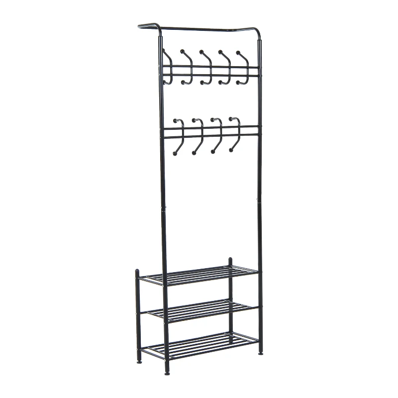 HOMCOM Heavy Duty 2-In-1 Metal Coat Stand, Coat Hanger, Shoe Rack Entryway Hall Tree with 3 Tier Shelves,18 Hooks, Black