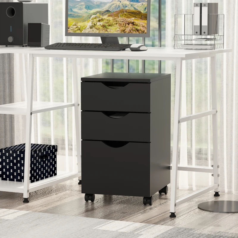 HOMCOM 3 Drawer Mobile File Cabinet with Wheels, Wood Filing Cabinet for Home Office, Rolling Under Desk Cabinet, Black