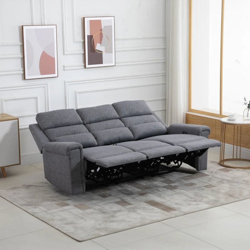 HOMCOM Modern 3-Seater Recliner Sofa with Linen Fabric and Thick Sponge Padding, 3 Seater Couch Recliner Couch Manual Reclining Sofa Living Room Furniture, Gray
