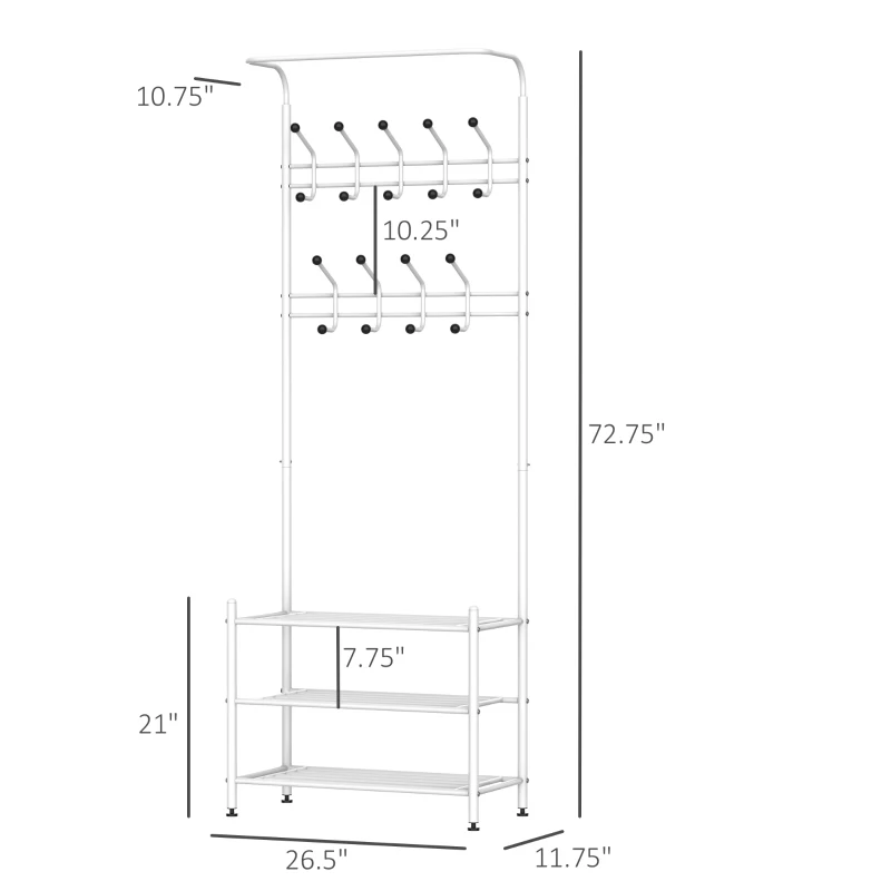 HOMCOM Heavy Duty 2-In-1 Metal Coat Stand, Coat Hanger, Shoe Rack Entryway Hall Tree with 3 Tier Shelves,18 Hooks, White