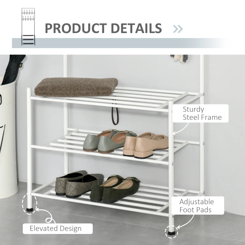 HOMCOM Heavy Duty 2-In-1 Metal Coat Stand, Coat Hanger, Shoe Rack Entryway Hall Tree with 3 Tier Shelves,18 Hooks, White