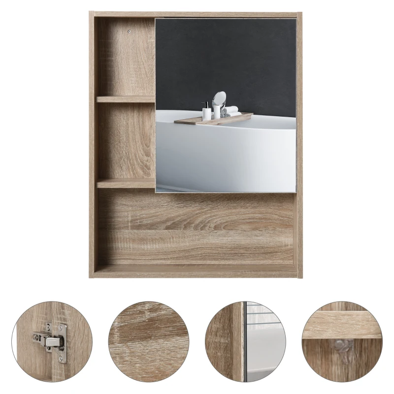 Kleankin Wall-Mounted Wooden Storage Bathroom Medicine Cabinet with Mirror Glass Door Adjustable Open Shelf - Oak
