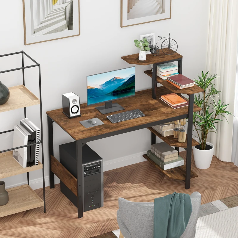 HOMCOM Compact Computer Desk with 4-Tier Open Bookshelf, Writing Table with Steel Frame for Home Office, Rustic Brown