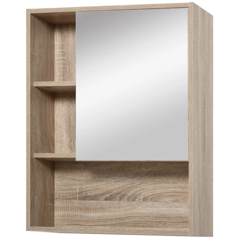Kleankin Wall-Mounted Wooden Storage Bathroom Medicine Cabinet with Mirror Glass Door Adjustable Open Shelf - Oak