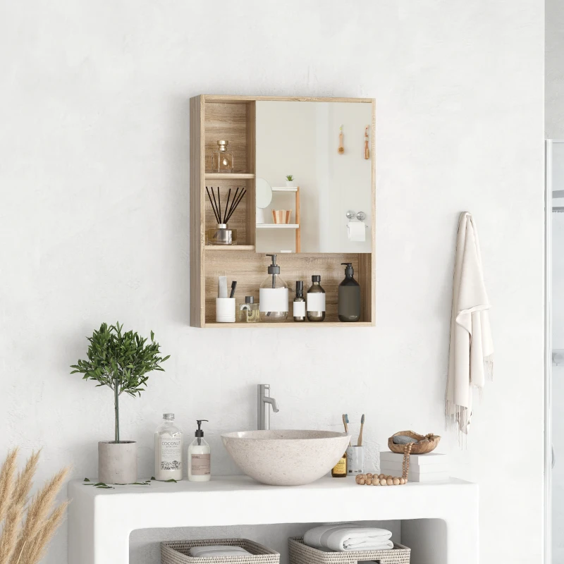 Kleankin Wall-Mounted Wooden Storage Bathroom Medicine Cabinet with Mirror Glass Door Adjustable Open Shelf - Oak