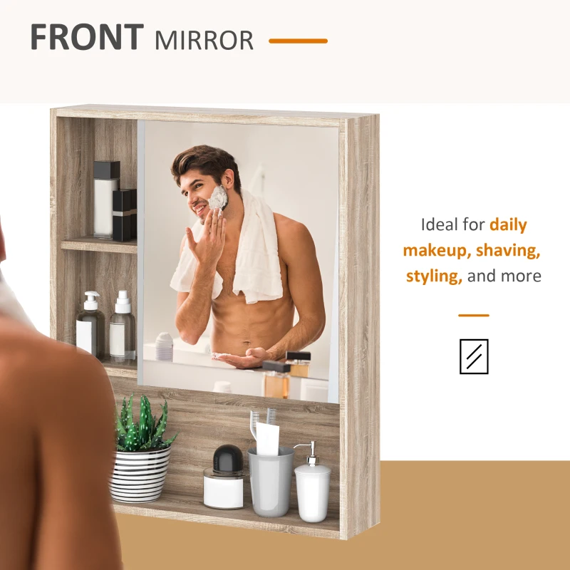 Kleankin Wall-Mounted Wooden Storage Bathroom Medicine Cabinet with Mirror Glass Door Adjustable Open Shelf - Oak