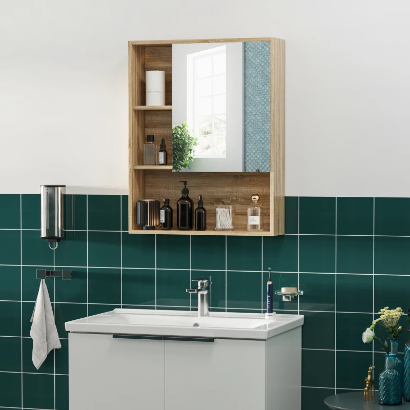 Kleankin Wall-Mounted Wooden Storage Bathroom Medicine Cabinet with Mirror Glass Door Adjustable Open Shelf - Oak