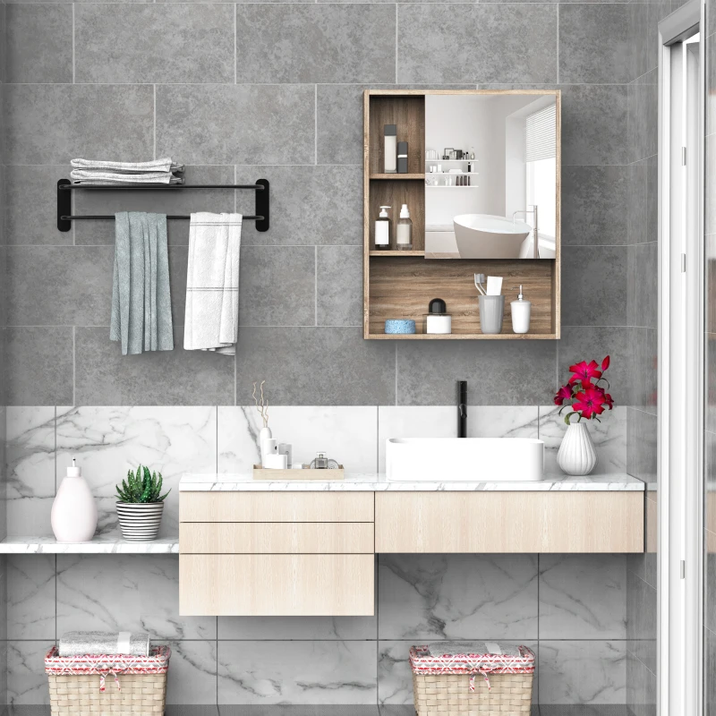 Kleankin Wall-Mounted Wooden Storage Bathroom Medicine Cabinet with Mirror Glass Door Adjustable Open Shelf - Oak