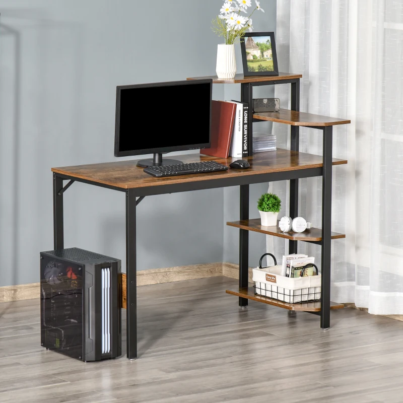 HOMCOM Compact Computer Desk with 4-Tier Open Bookshelf, Writing Table with Steel Frame for Home Office, Rustic Brown