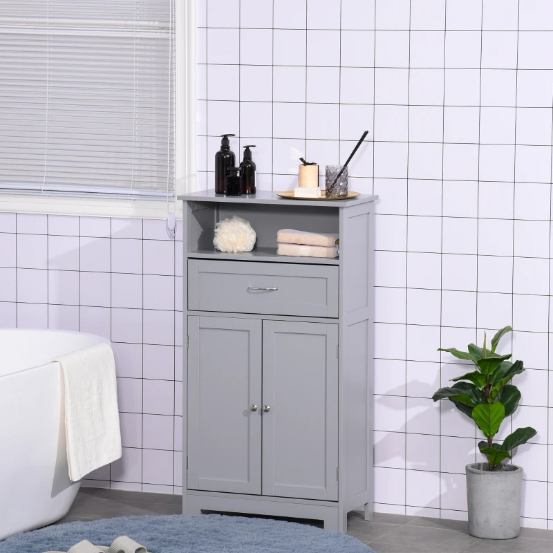 kleankin Modern Bathroom Floor Cabinet, Free Standing Storage Cabinet, Linen Cabinet with Drawer and Adjustable Shelf, Gray
