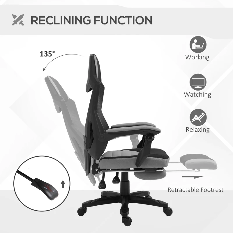 Vinsetto Home Office Chair Adjustable Height Recliner with Retractable Footrest, Mesh Back - Gray