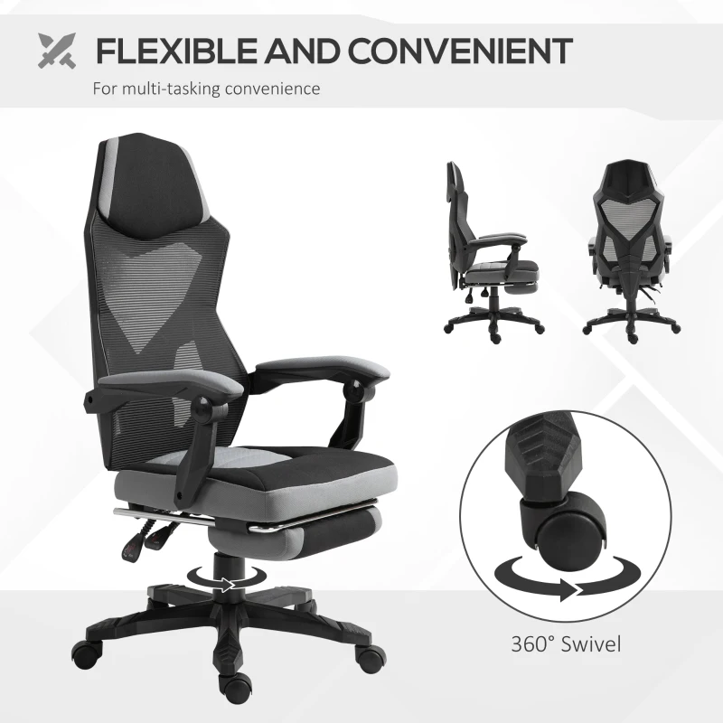 Vinsetto Home Office Chair Adjustable Height Recliner with Retractable Footrest, Mesh Back - Gray