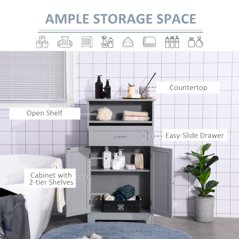 kleankin Modern Bathroom Floor Cabinet, Free Standing Storage Cabinet, Linen Cabinet with Drawer and Adjustable Shelf, Gray