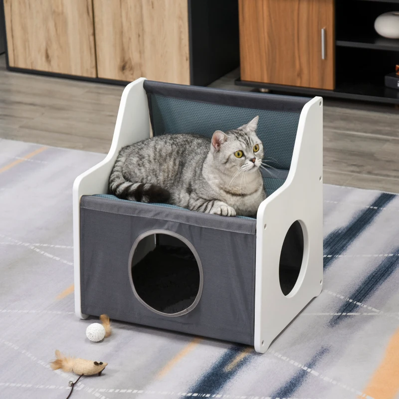 PawHut Cat House Two-tier Cat Condo Tree Tower Pet Furniture Kitty Small House for Indoor Living Room with Scratcher Pad Grey